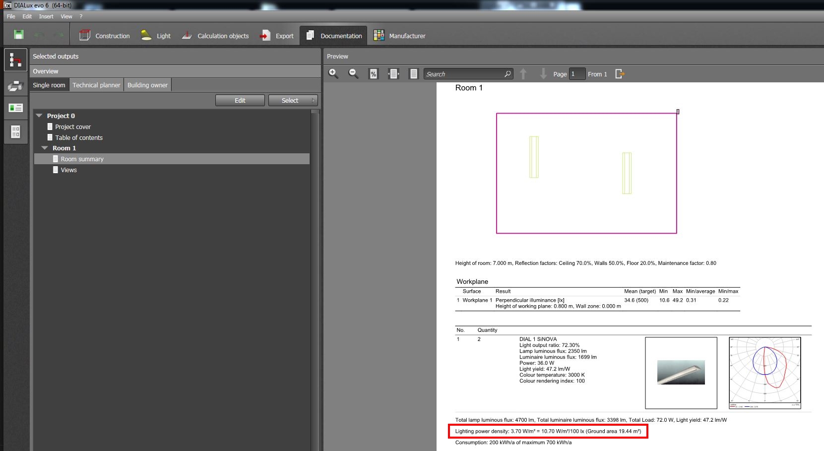 Lighting power density Knowledge Base DIALux evo